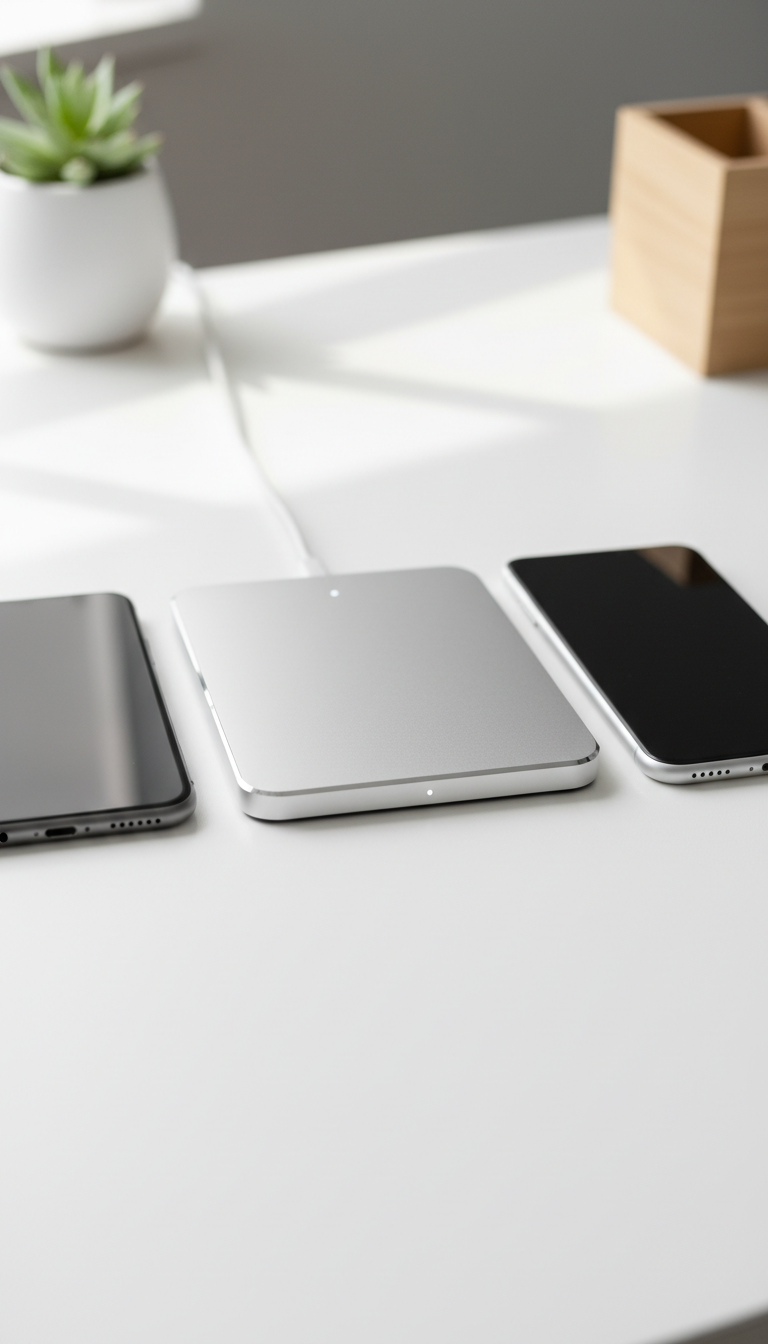 A detailed close-up of a sleek aluminum wireless charging pad with a matte silver finish and subtle LED indicator light, resting on a spotless white desk surface beside a pair of modern smartphones. The background is softly blurred, showing hints of minimalistic office decor. Gentle, diffused daylight enters from the left, casting delicate reflections on the charging pad's smooth edges and emphasizing a clean, upscale aesthetic. The composition is centered and eye-level, with a shallow depth of field that draws attention to the pad's refined textures. This image embodies a pristine, contemporary style that communicates reliability and premium quality for an electronics accessories store.